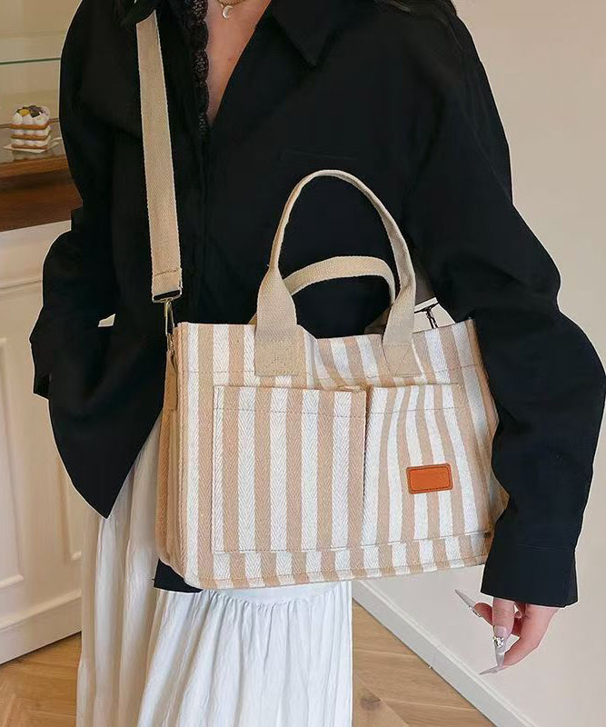 Stylish Striped With Pockets Solid Durable Canvas Tote Handbag