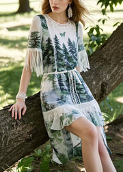 Stylish Tasseled Print Low High Design Dress Summer