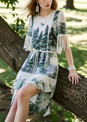 Stylish Tasseled Print Low High Design Dress Summer