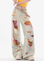 Stylish Tie Dye Pockets High Waist Ripped Jeans Summer