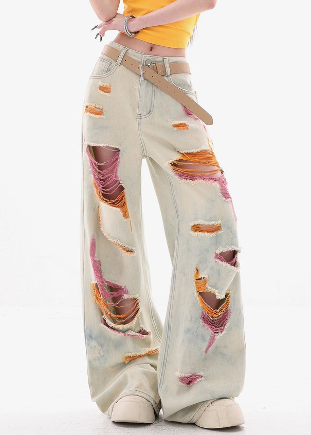 Stylish Tie Dye Pockets High Waist Ripped Jeans Summer