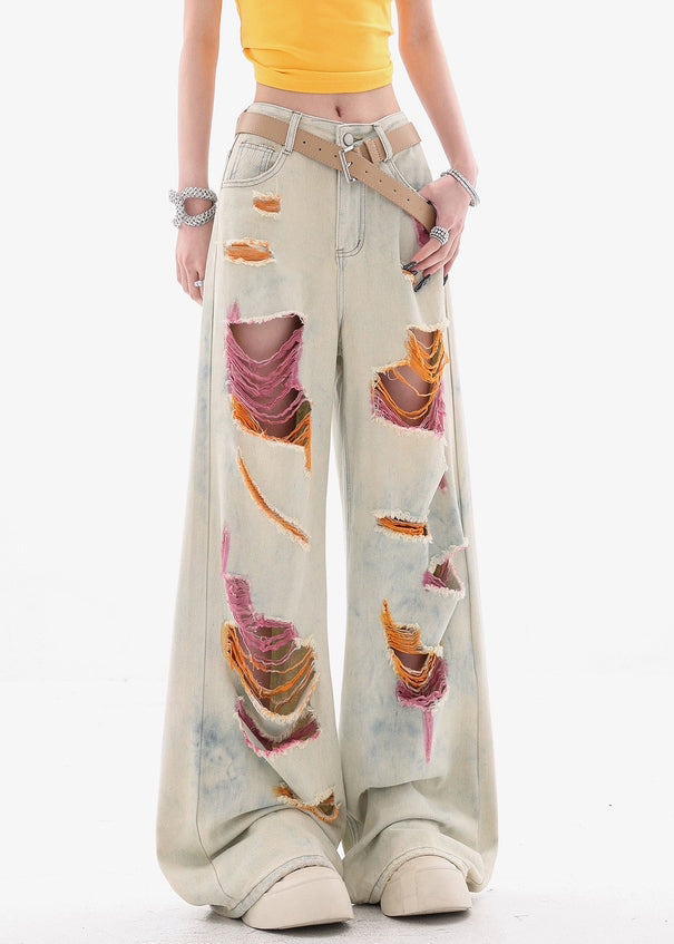 Stylish Tie Dye Pockets High Waist Ripped Jeans Summer