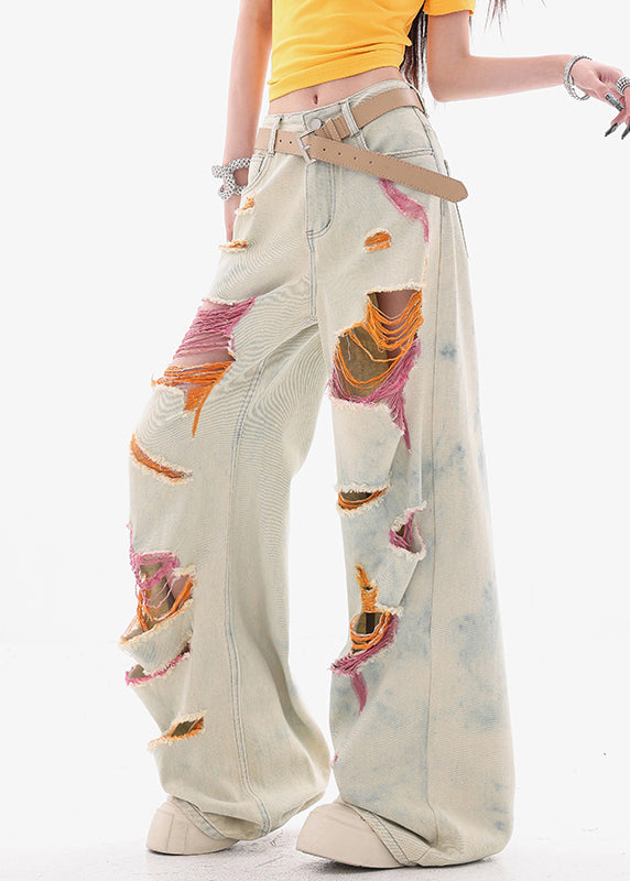 Stylish Tie Dye Pockets High Waist Ripped Jeans Summer