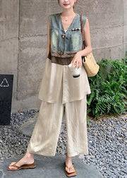 Stylish V Neck Denim Patchwork Cotton Two Pieces Set Summer