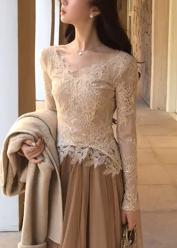 Stylish V Neck Hollow Out Lace T Shirt Top Fall