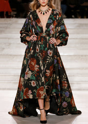 Stylish V Neck Print Loose Cotton Long Dress Fall