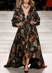 Stylish V Neck Print Loose Cotton Long Dress Fall