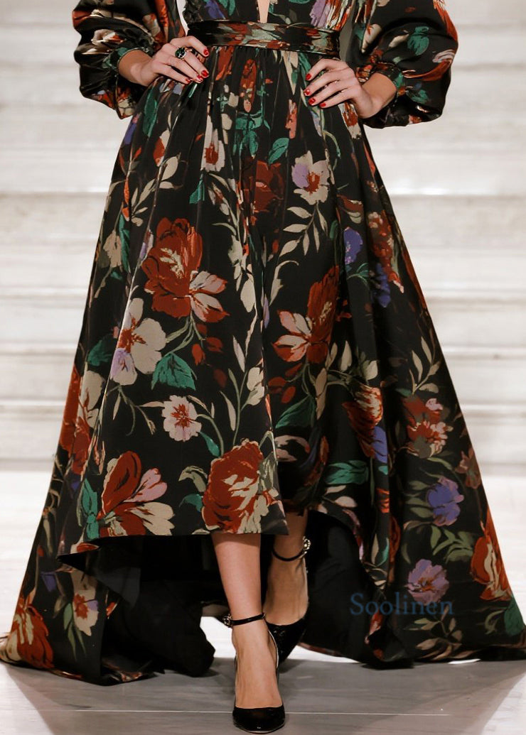 Stylish V Neck Print Loose Cotton Long Dress Fall