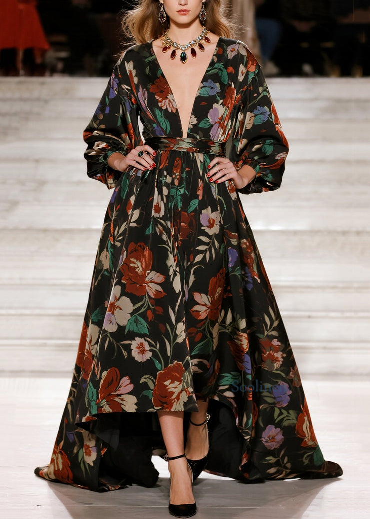 Stylish V Neck Print Loose Cotton Long Dress Fall