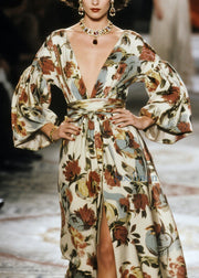 Stylish V Neck Print Side Open Cotton Long Dress Fall