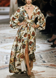 Stylish V Neck Print Side Open Cotton Long Dress Fall