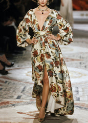 Stylish V Neck Print Side Open Cotton Long Dress Fall