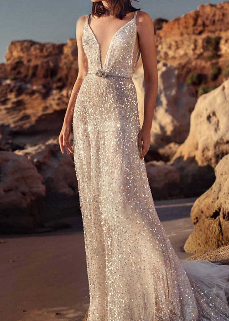 Stylish V Neck Sequins High Waist Tulle Spaghetti Strap Dress Sleeveless