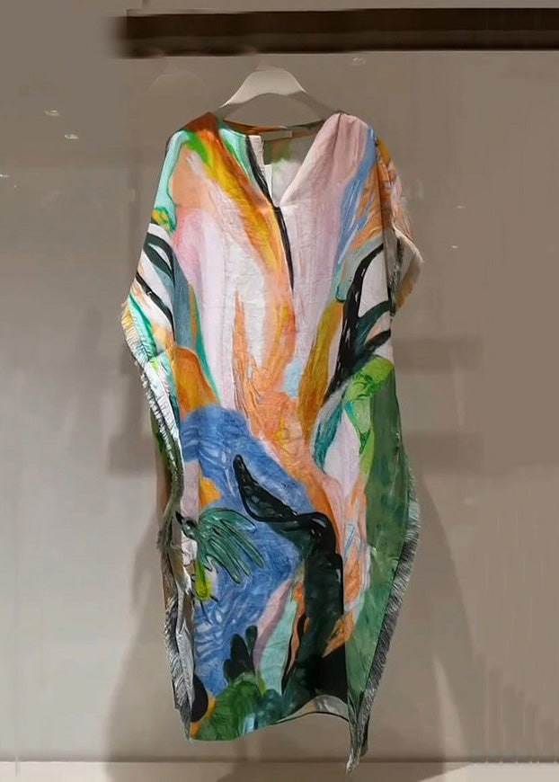 Stylish V Neck Tie Dye Oversized Cotton Long Dresses Batwing Sleeve