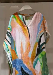 Stylish V Neck Tie Dye Oversized Cotton Long Dresses Batwing Sleeve