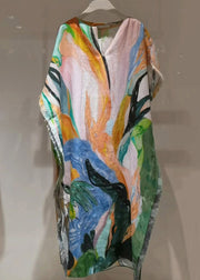 Stylish V Neck Tie Dye Oversized Cotton Long Dresses Batwing Sleeve