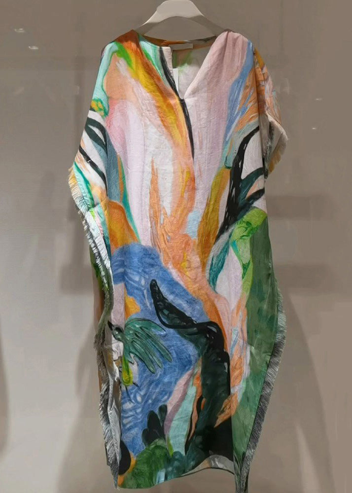 Stylish V Neck Tie Dye Oversized Cotton Long Dresses Batwing Sleeve