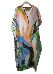 Stylish V Neck Tie Dye Oversized Cotton Long Dresses Batwing Sleeve