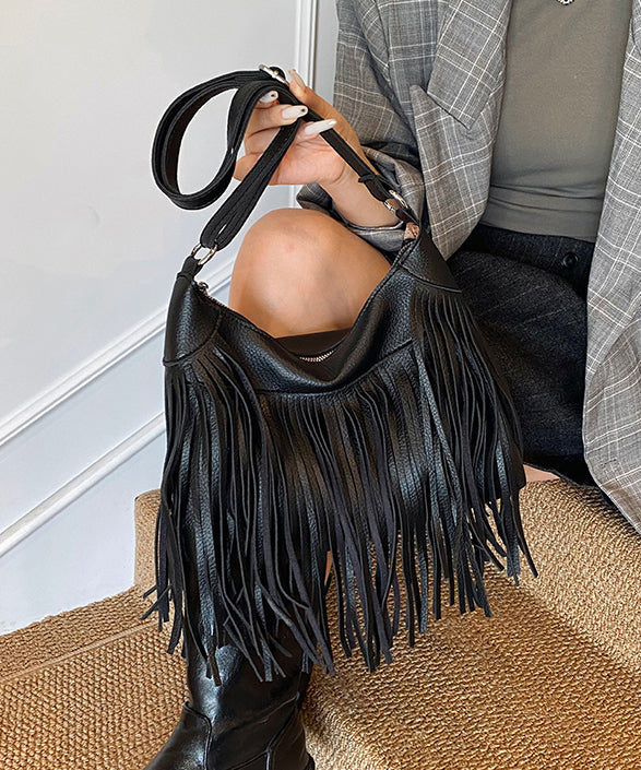Stylish Versatile Black Tassel Faux Leather Shoulder Bag