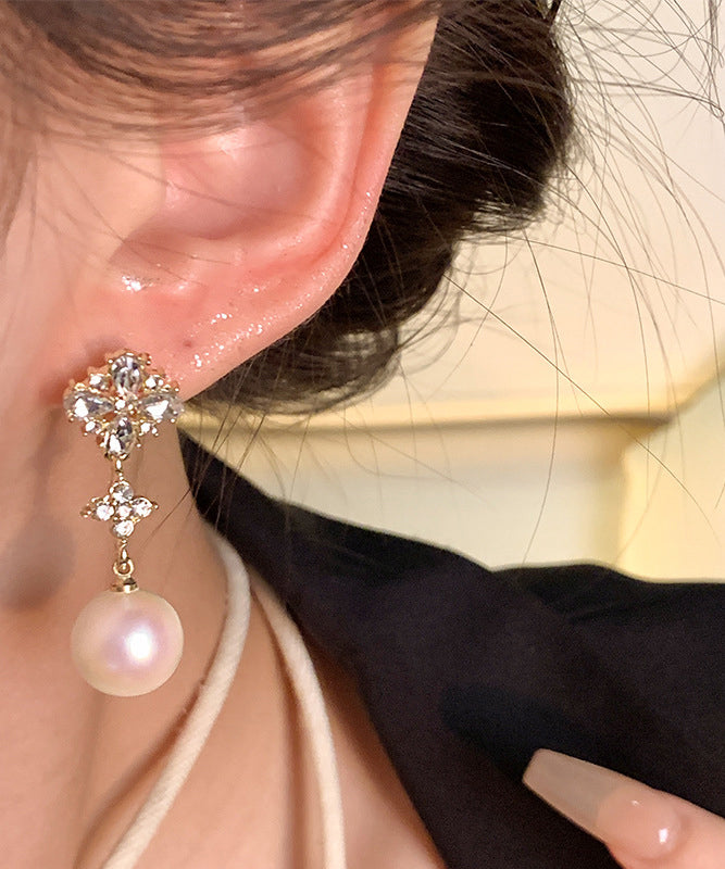 Stylish White Alloy Zircon Resin Pearl Drop Earrings
