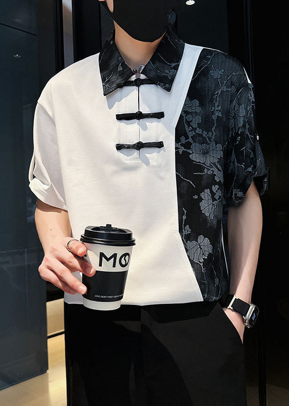 Stylish White Asymmetrical Print Patchwork Cotton Mens Polo Shirts Summer