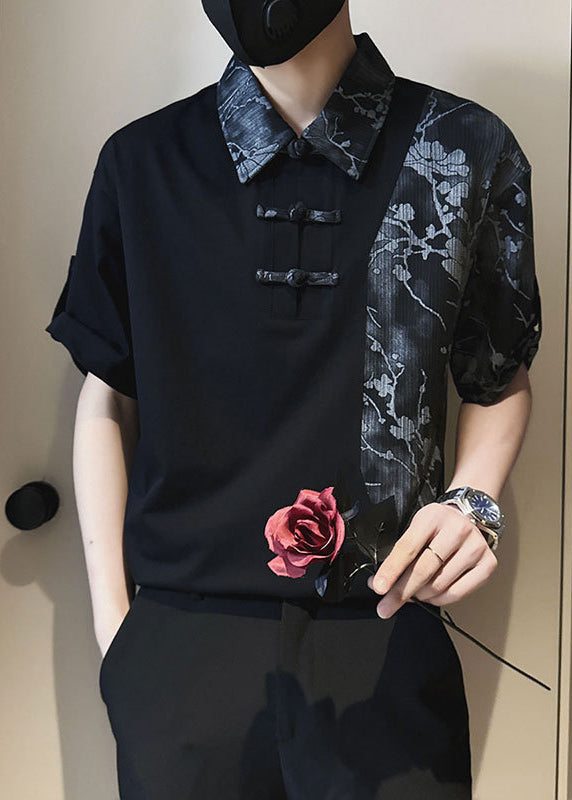 Stylish White Asymmetrical Print Patchwork Cotton Mens Polo Shirts Summer