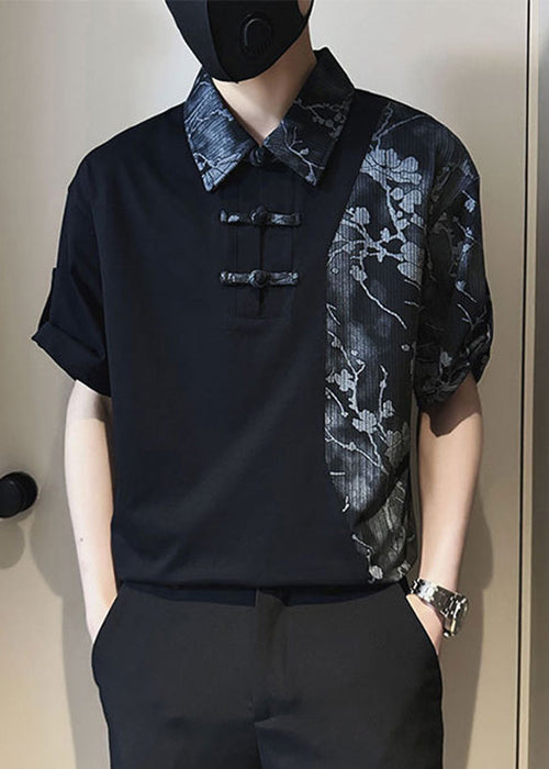 Stylish White Asymmetrical Print Patchwork Cotton Mens Polo Shirts Summer