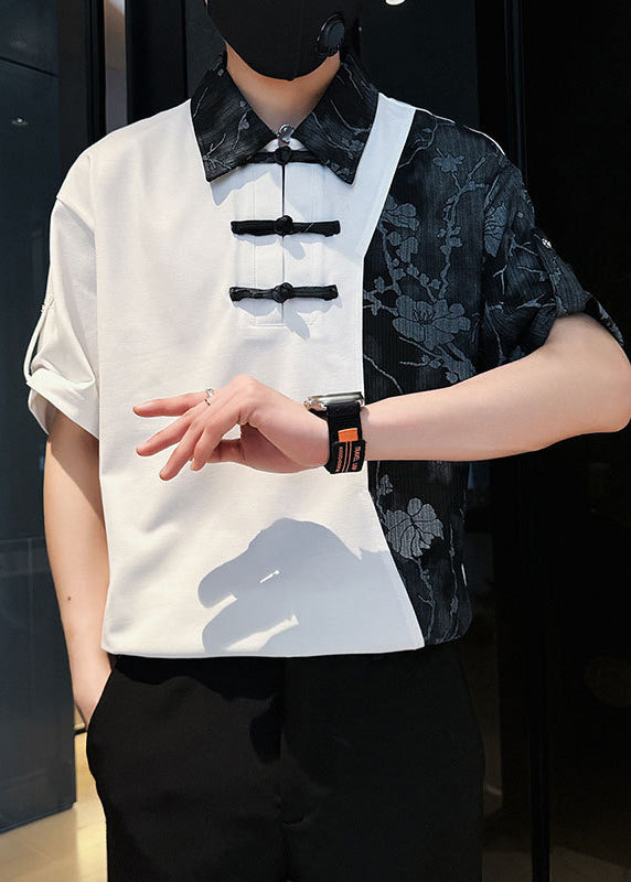 Stylish White Asymmetrical Print Patchwork Cotton Mens Polo Shirts Summer
