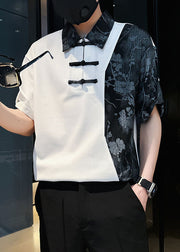 Stylish White Asymmetrical Print Patchwork Cotton Mens Polo Shirts Summer