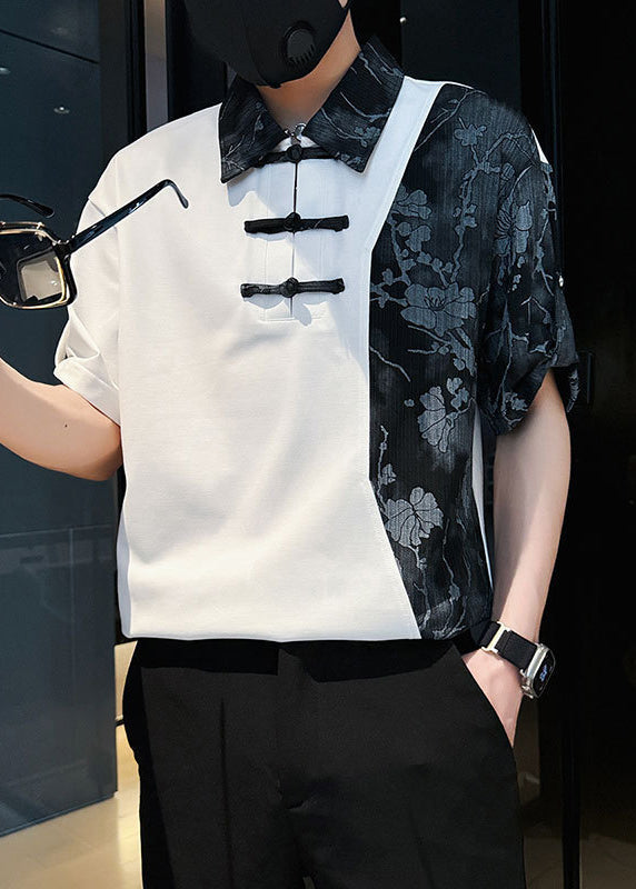 Stylish White Asymmetrical Print Patchwork Cotton Mens Polo Shirts Summer