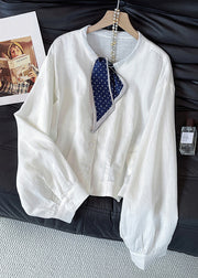 Stylish White Bow Button Solid Cotton Blouses Fall