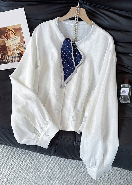 Stylish White Bow Button Solid Cotton Blouses Fall