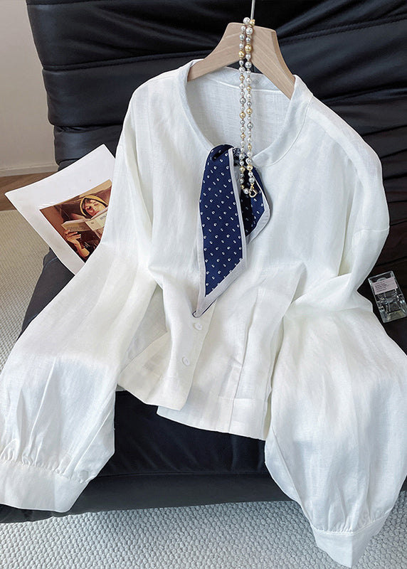 Stylish White Bow Button Solid Cotton Blouses Fall