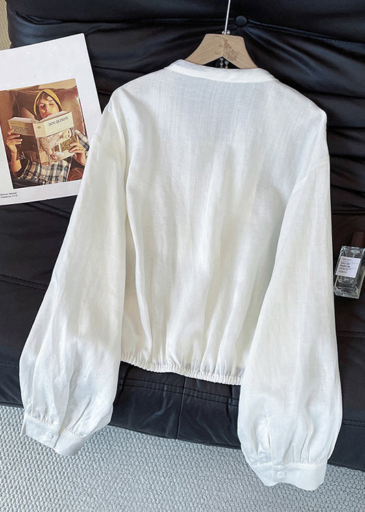Stylish White Bow Button Solid Cotton Blouses Fall