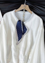 Stylish White Bow Button Solid Cotton Blouses Fall