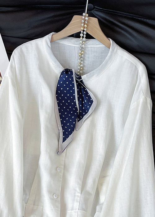 Stylish White Bow Button Solid Cotton Blouses Fall