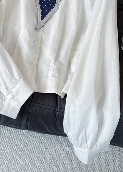 Stylish White Bow Button Solid Cotton Blouses Fall