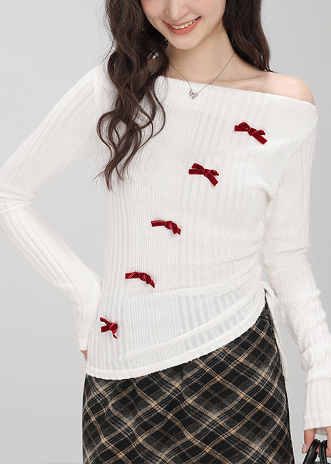 Stylish White Bow Knit Tops Slash Neck Drawstring Fall
