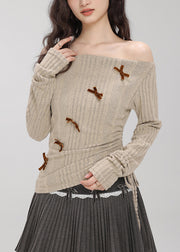 Stylish White Bow Knit Tops Slash Neck Drawstring Fall