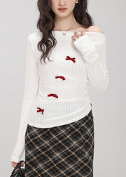 Stylish White Bow Knit Tops Slash Neck Drawstring Fall