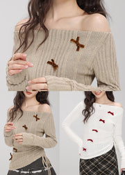 Stylish White Bow Knit Tops Slash Neck Drawstring Fall