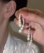 Stylish White Copper Alloy Pearl Zircon Intersection Hoop Earrings