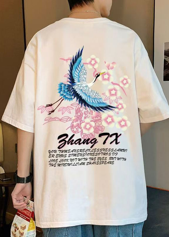 Stylish White Crane Print Cotton Men&