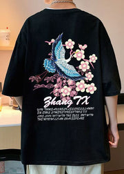 Stylish White Crane Print Cotton Men's T Shirts Summer
