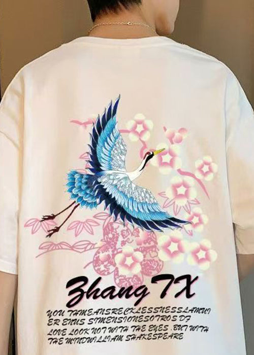 Stylish White Crane Print Cotton Men&