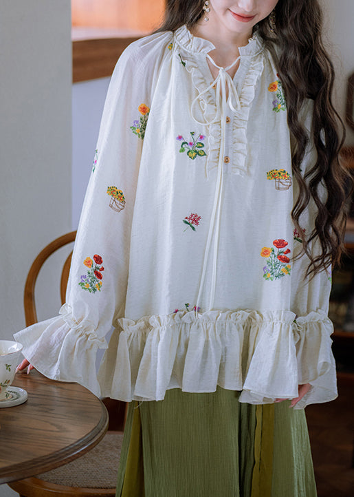 Stylish White Embroidered Ruffled Lace Up Cotton Shirt Flare Sleeve