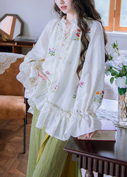 Stylish White Embroidered Ruffled Lace Up Cotton Shirt Flare Sleeve