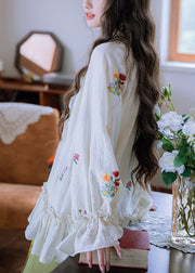 Stylish White Embroidered Ruffled Lace Up Cotton Shirt Flare Sleeve