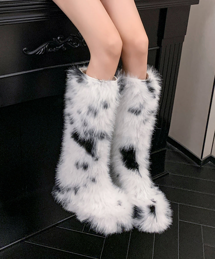Stylish White Fuzzy Fur Fluffy Splicing Platform Boots