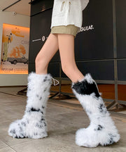 Stylish White Fuzzy Fur Fluffy Splicing Platform Boots